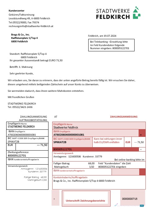 Austria Stadtwerke Feldkirch business utility bill template in Word and PDF format